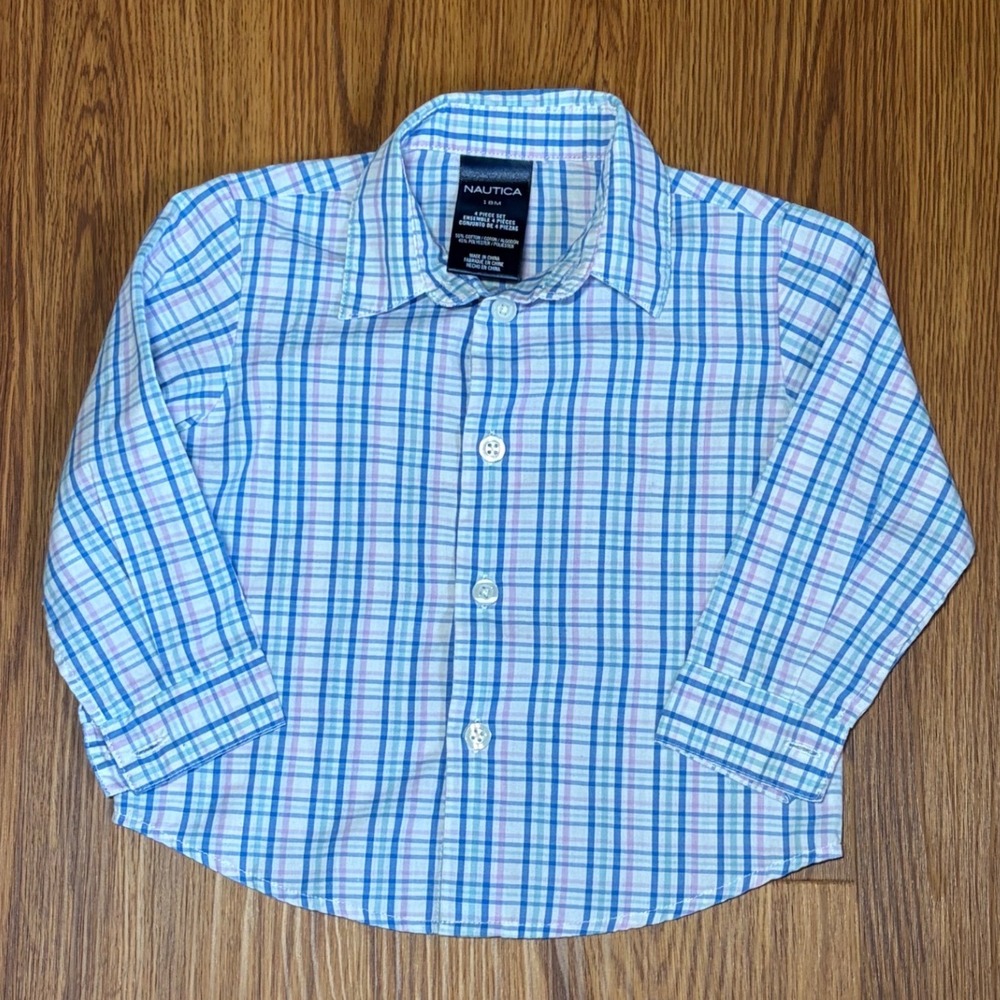 Nautica Toddler Boys Pastel Blue Plaid Long Sleeve Button Down Shirt 18M
